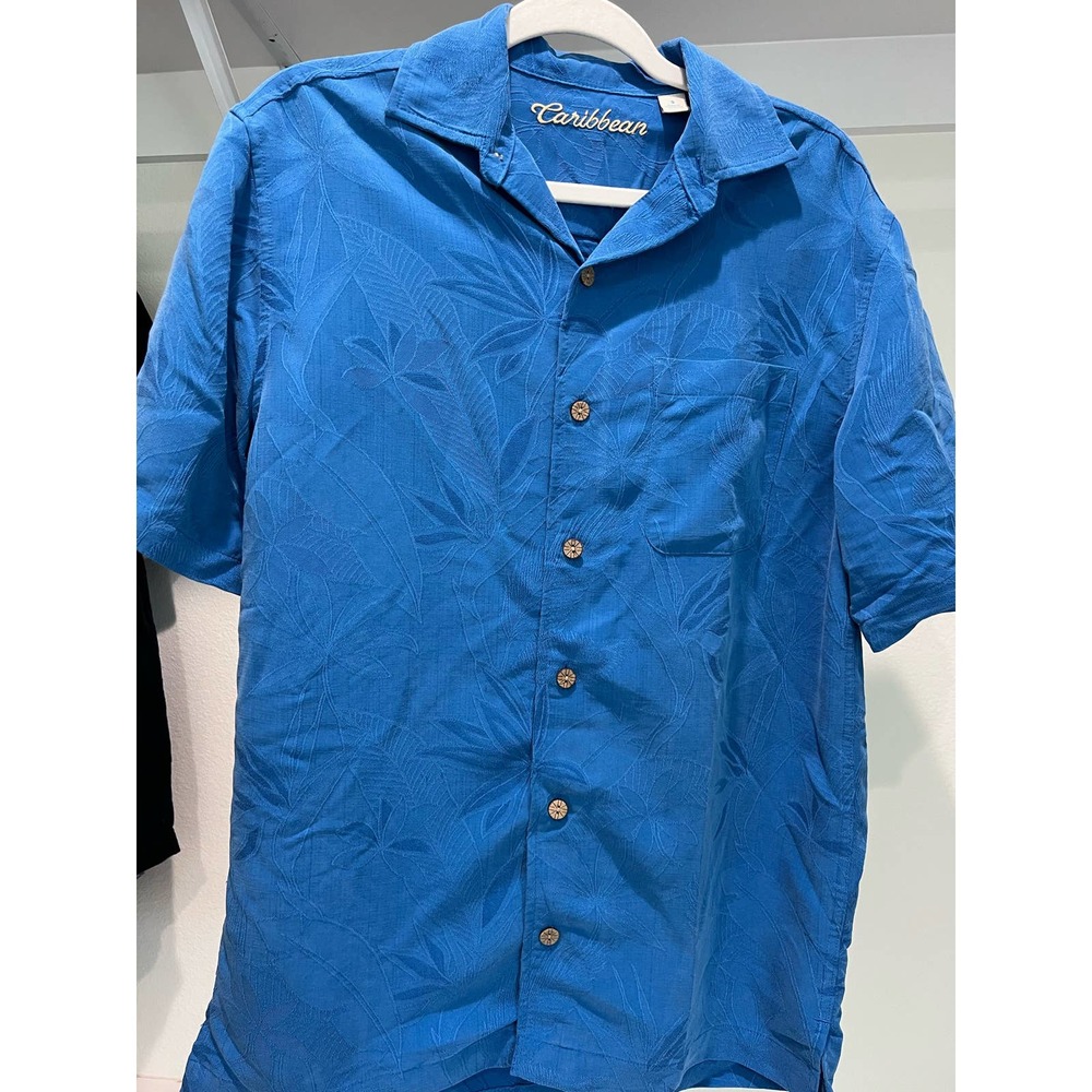 Caribbean Pure Silk Men's Short Sleeve Shirt Blue with Palm Leaves‎